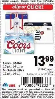 Albertsons Coors, Miller 15 pk., 16 oz. or Michelob Ultra 12 pk., 16 oz offer
