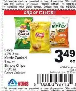 Albertsons Lay's 4.75-8 oz Kettle Cooked 8 oz or Simply Chips 5-8.5 oz - Select Varieties offer