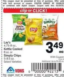 Albertsons Lay's 4.75-8 oz Kettle Cooked 8 oz or Simply Chips 5-8.5 oz - Select Varieties offer