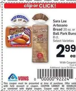 Albertsons Sara Lee Artesano Bread 20 oz. or Ball Park Buns 8 ct. - Select Varieties offer