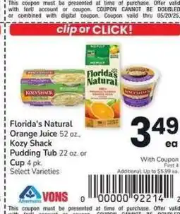 Albertsons Florida's Natural Orange Juice 52 oz., Kozy Shack Pudding Tub 22 oz. or Cup 4 pk - Select Varieties offer