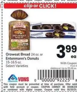 Albertsons Oroweat Bread 24 oz. or Entenmann's Donuts 15-16.5 oz. - Select Varieties offer