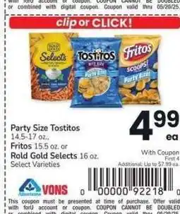 Albertsons Party Size Tostitos 14.5-17 oz., Fritos 15.5 oz. o r Rold Gold Selects 16 oz. - Select Varieties offer