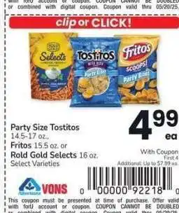 Albertsons Party Size Tostitos 14.5-17 oz., Fritos 15.5 oz. o r Rold Gold Selects 16 oz. - Select Varieties offer