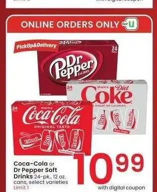 Albertsons Coca-Cola or Dr Pepper Soft Drinks - 24 - pk., 12 oz. cans, select varieties offer