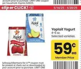 Albertsons Yoplait Yogurt - 4-6 oz. Selected varieties offer
