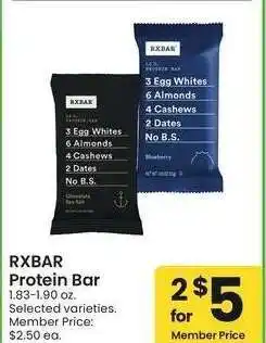Albertsons RXBar Protein Bar - 1.83-1.90 oz. Selected varieties. Member Price: $2.50 ea offer