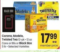 Albertsons Corona, Modelo, Twisted Tea 12-pk 12 oz Cans or Btls or Black Box 3 ltr - Selected Varieties offer