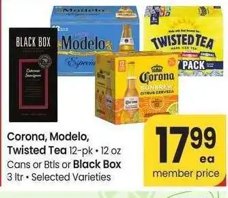 Albertsons Corona, Modelo, Twisted Tea 12-pk 12 oz Cans or Btls or Black Box 3 ltr - Selected Varieties offer