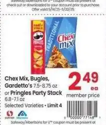 Albertsons Chex Mix, Bugles, Gardetto's 7.5-8.75 oz or Pringles Party Stack 6.8-7.1 oz - Selected Varieties offer