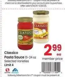 Albertsons Classico Pasta Sauce - 15-24 oz Selected Varieties offer