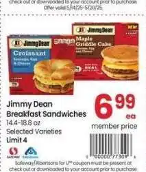 Albertsons Jimmy Dean Breakfast Sandwiches - 14.4-18.8 oz Selected Varieties offer