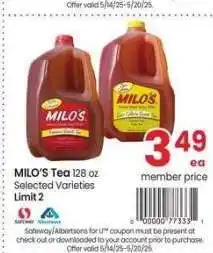 Albertsons Milo's Tea - 128 oz Selected Varieties offer