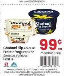 Albertsons Chobani Flip 4.5 oz or Protein Yogurt 6.7 oz - Selected Varieties offer