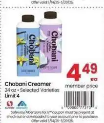 Albertsons Chobani Creamer - 24 oz • Selected Varieties offer