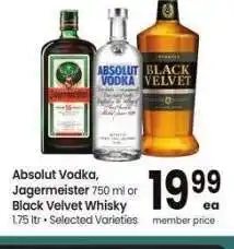 Albertsons Absolut Vodka, Jagermeister 750 ml or Black Velvet Whisky 1.75 ltr - Selected Varieties Mix or match offer