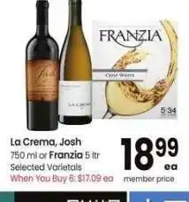 Albertsons La Crema, Josh 750 ml or Franzia 5 ltr - Selected Varietals offer