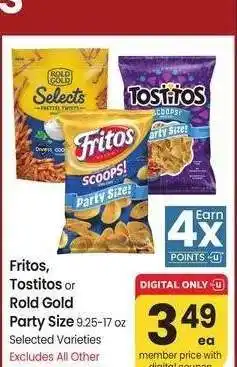 Albertsons Fritos, Tostitos or Rold Gold Party Size - 9.25-17 oz Selected Varieties offer