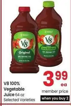 Albertsons V8 100% Vegetable Juice - 64 oz Selected Varieties offer