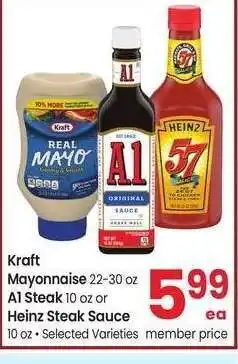 Albertsons Kraft Mayonnaise 22-30 oz A1 Steak 10 oz or Heinz Steak Sauce 10 oz - Selected Varieties offer
