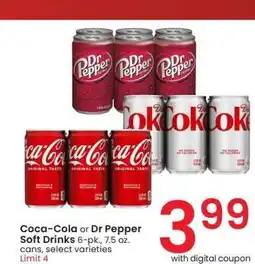 Albertsons Coca-Cola or Dr Pepper Soft Drinks - 6 - pk., 7.5 oz. cans, select varieties offer