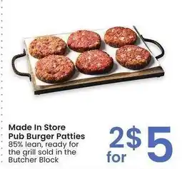 Albertsons Made In-Store Pub Burger Patties - 85% lean, ready for the grill sold in the Butcher Block offer