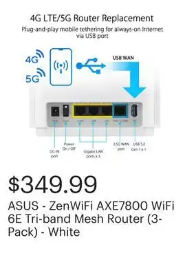 Best Buy ASUS - ZenWiFi AXE7800 WiFi 6E Tri-band Mesh Router (3-Pack) - White offer