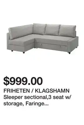 Ikea FRIHETEN / KLAGSHAMN Sleeper sectional,3 seat w/storage, Faringe light gray offer