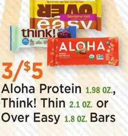 Heinen's Aloha Protein 1.98 OZ., Think! Thin 2.1 OZ. or Over Easy 1.8 OZ. Bars offer