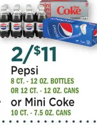 Heinen's Pepsi 8 CT.-12 OZ. BOTTLES OR 12 CT.-12 OZ. CANS or Mini Coke 10 CT.-7.5 OZ. CANS offer