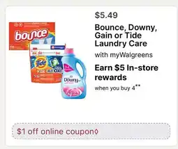 Walgreens Bounce, Downy, Gain or Tide Laundry Care offer