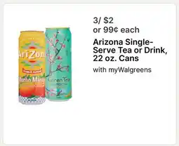 Walgreens Arizona Single-Serve Tea or Drink, 22 oz. Cans offer