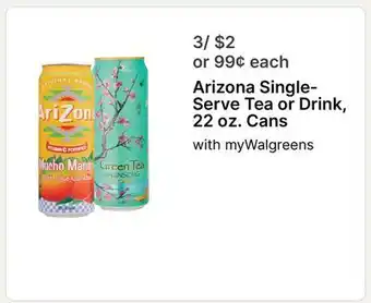 Walgreens Arizona Single-Serve Tea or Drink, 22 oz. Cans offer
