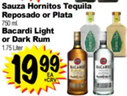 Superior Grocers Sauza Hornitos Tequila Reposado or Plata 750 ml., Bacardi Light or Dark Rum 1.75 Liter offer