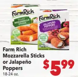 Vallarta Supermarkets Farm Rich Mozzarella Sticks or Jalapeño Poppers offer