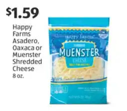 Aldi Happy Farms Asadero, Oaxaca or Muenster Shredded Cheese offer