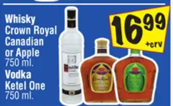 El Super Whisky Crown Royal Canadian or Apple 750 ml. Vodka Ketel One offer