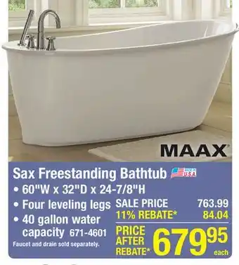 Menards MAAX Sax 60W x 32D x 24-7/8H White Freestanding Bathtub offer