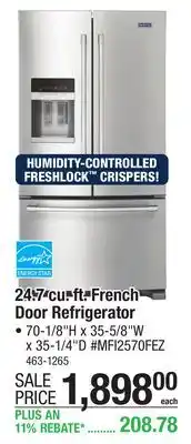 Menards Maytag 24.7 cu.ft. Fingerprint Resistant Stainless Steel French Door Refrigerator offer
