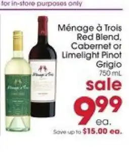 Giant Eagle Ménage à Trois Red Blend, Cabernet or Limelight Pinot Grigio offer