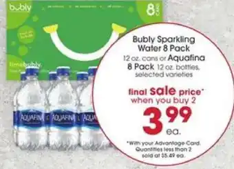 Giant Eagle Bubly Sparkling Water 8 Pack or Aquafina 8 Pack offer