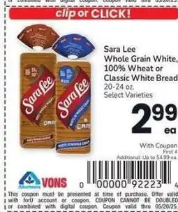 Albertsons Sara Lee Whole Grain White, 100% Wheat or Classic White Bread 20-24 oz. - Select Varieties offer