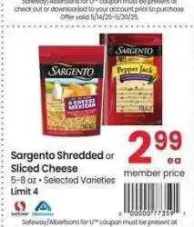 Albertsons Sargento Shredded or Sliced Cheese - 5-8 oz • Selected Varieties offer