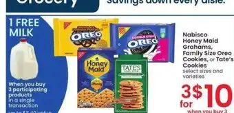 Albertsons Nabisco Honey Maid Grahams, Family Size Oreo Cookies, or Tate's Cookies - select sizes and varieties offer