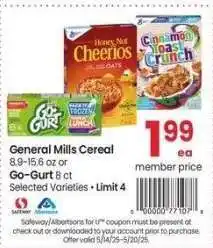 Albertsons General Mills Cereal 8.9-15.6 oz or Go-Gurt 8 ct - Selected Varieties offer