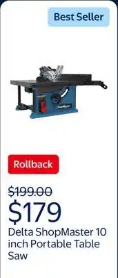 Walmart Delta ShopMaster 10 inch Portable Table Saw offer