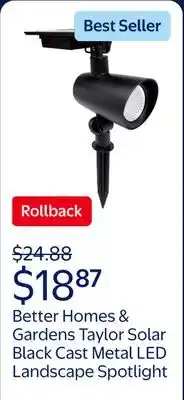 Walmart Better Homes & Gardens Taylor Solar Black Cast Metal Color Lock LED Landscape Spotlight, 150 Lumens offer