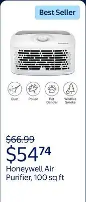 Walmart Honeywell Air Purifier, HHT270, 100 sq ft, U Carbon Filter, Allergen, Smoke, Pollen, Dust Reducer offer