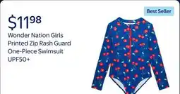 Walmart Wonder Nation Girls Printed Zip Rash Guard One-Piece Swimsuit with UPF50+ offer