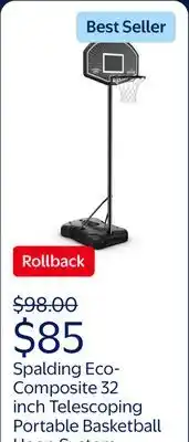Walmart Spalding Eco-Composite 32 inch Telescoping Portable Basketball Hoop System offer